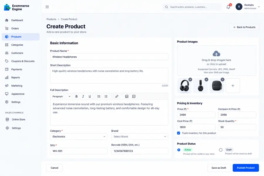 Product and inventory management screen