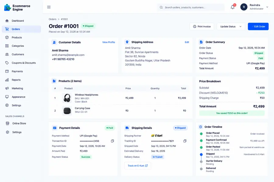 Order and coupon management panel